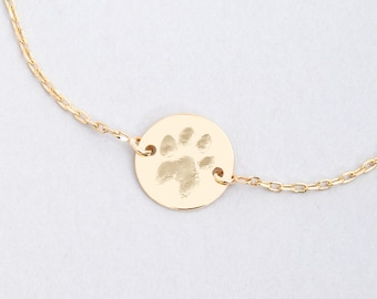 Actual Custom Paw Print Disc Bracelet 14k Real Solid Gold, Personalized Your Cat Paw Your Dog Paw Engraved Coin Bracelet, Pet Loss Jewelry