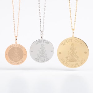 14K Solid Gold Saint Cono Medal Necklace, Catholic Patron Saint of Luck, Gambling Charm Pendant, Engraved Religious Gift for Him