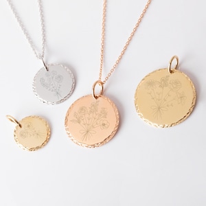 Personalized Combined Birth Flower Bouquet Necklace with Diamond-Cut Border in 14k Real Solid Gold, 2 Side Engraved Birth Flower Family Disc
