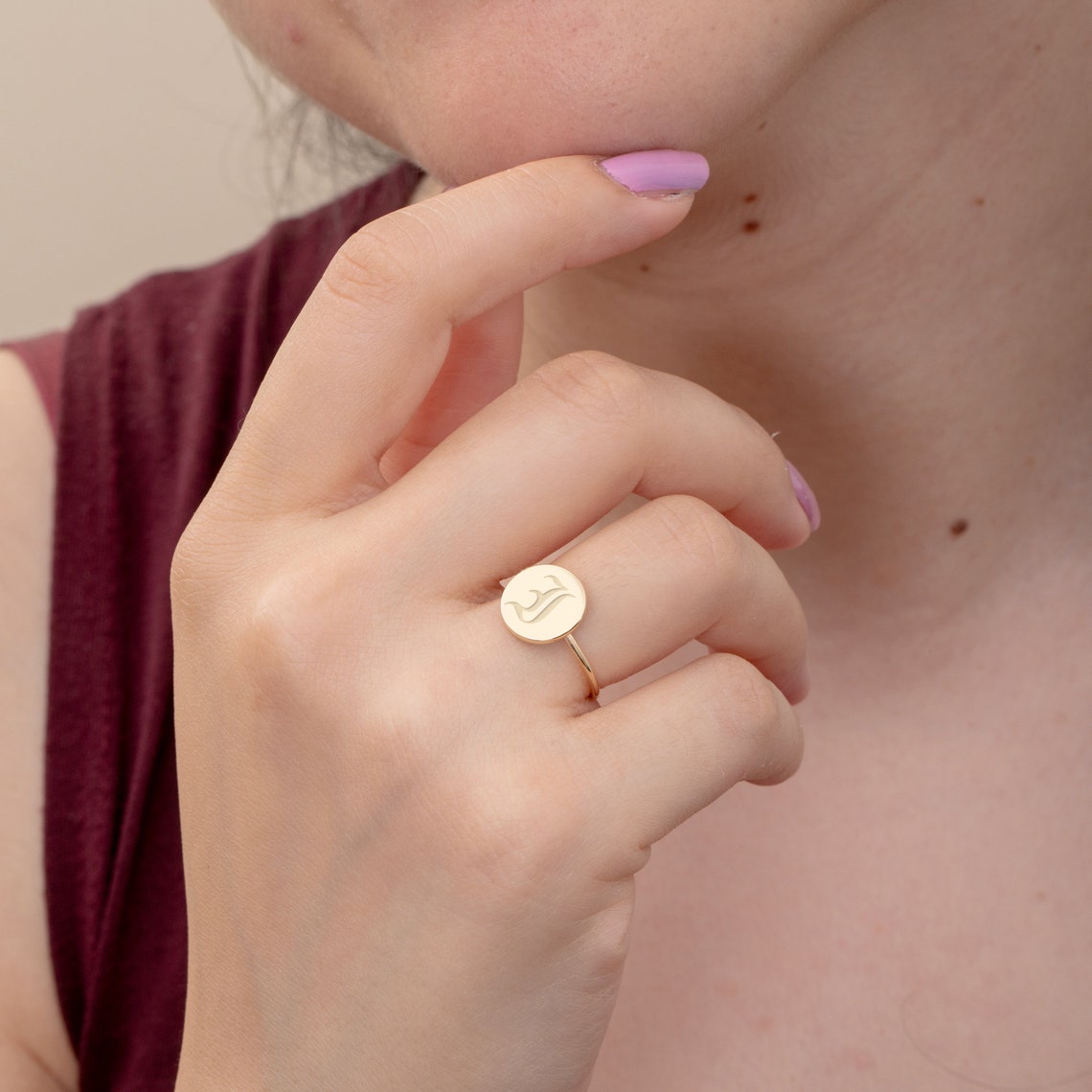Personalized Old English Initial Disc Ring 14K 18K Solid Gold, Custom ...