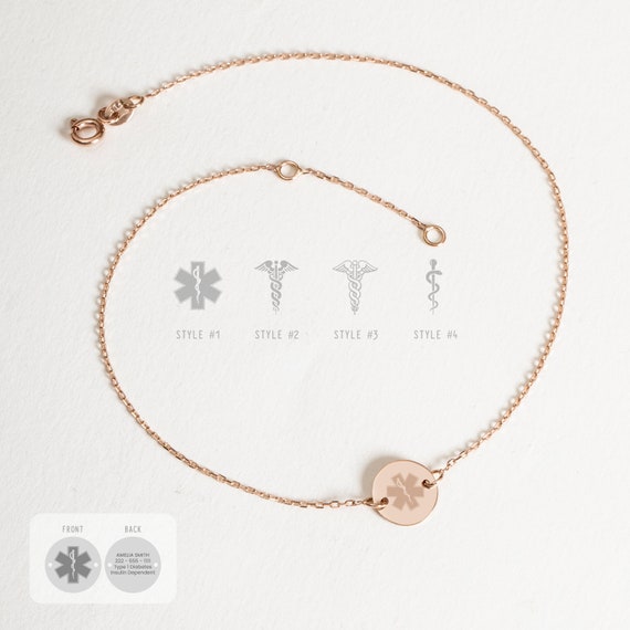 Personalized Medical ID Bracelet 14K Solid Gold, Medical Alert Bracelets for Women, Medical Prescription Bracelet for Kids Medical Jewelry