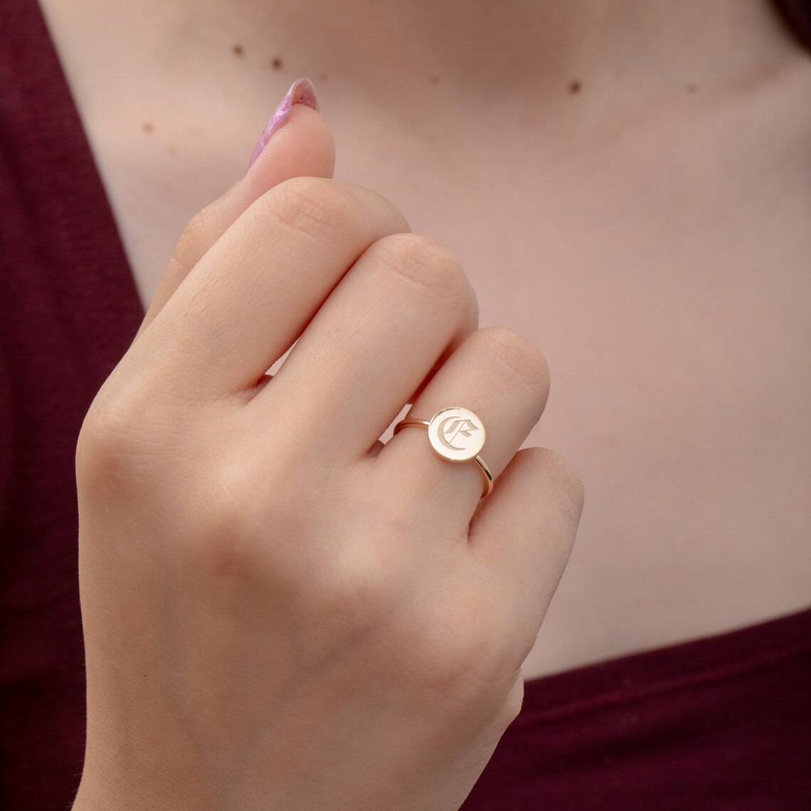 Personalized Old English Initial Disc Ring 14K 18K Solid Gold, Custom ...