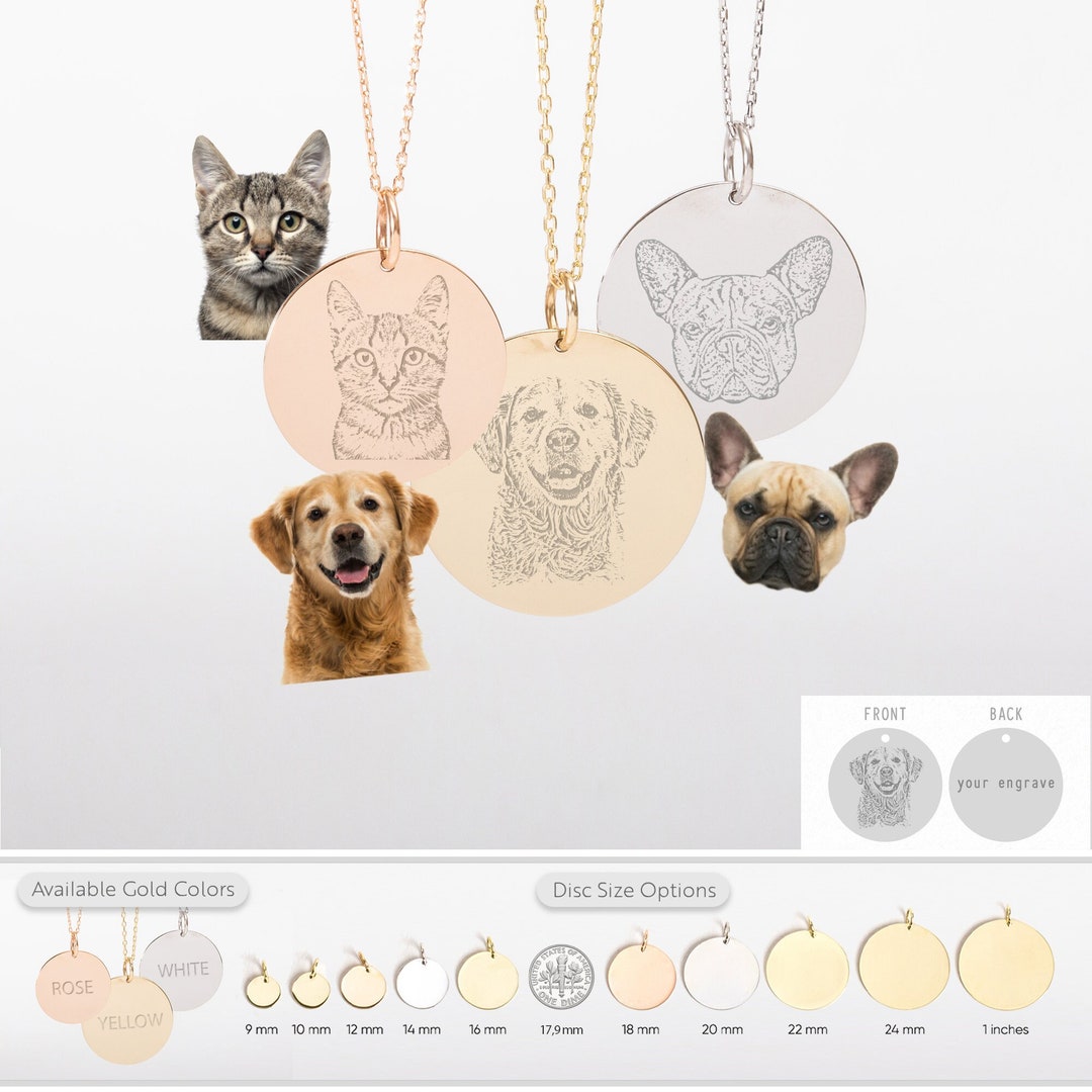 Pet Portrait Pendant Necklace in 14k Real Solid Gold, Dog Memorial
