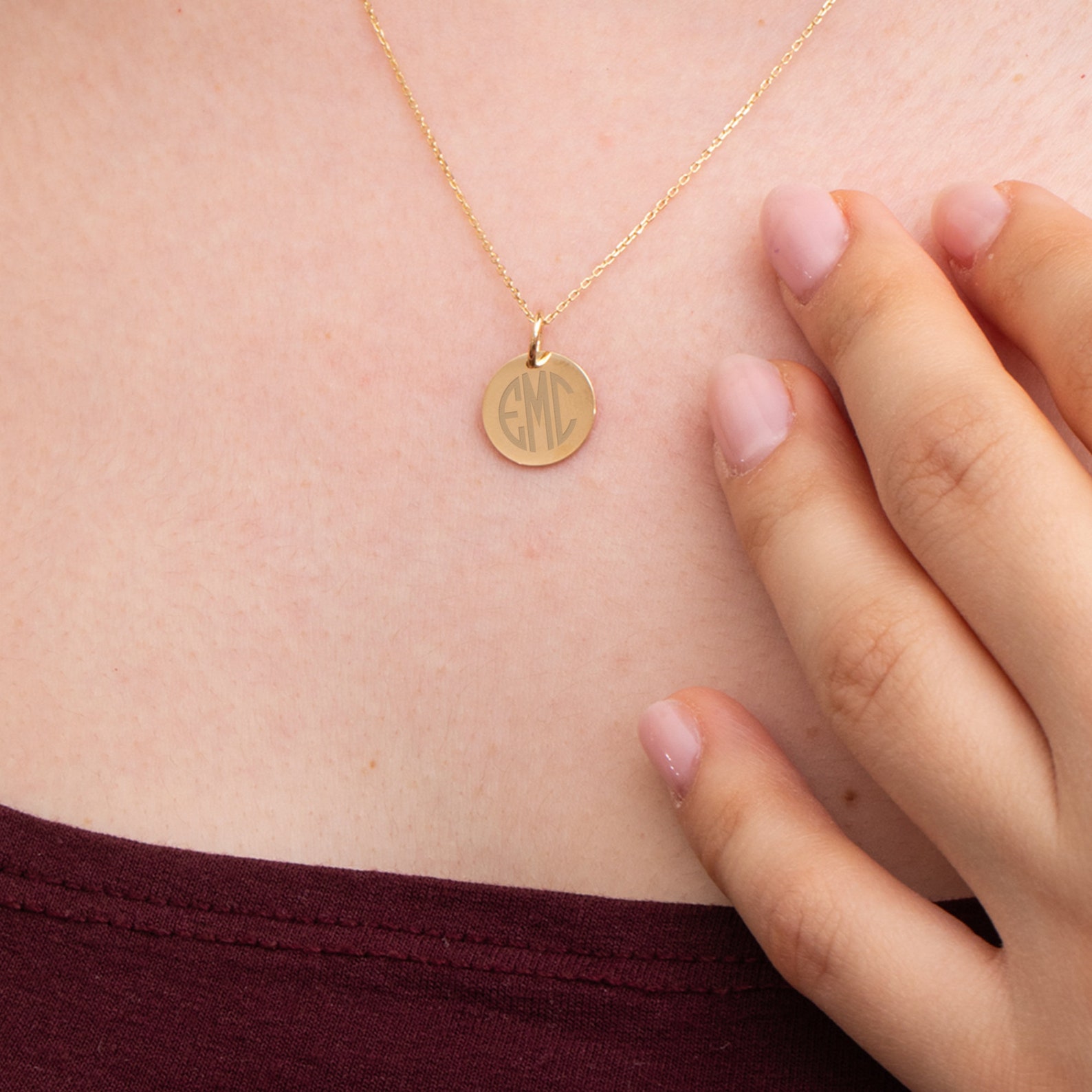 Personalized Monogram Disc Necklace 14K Solid Gold, Custom Block ...
