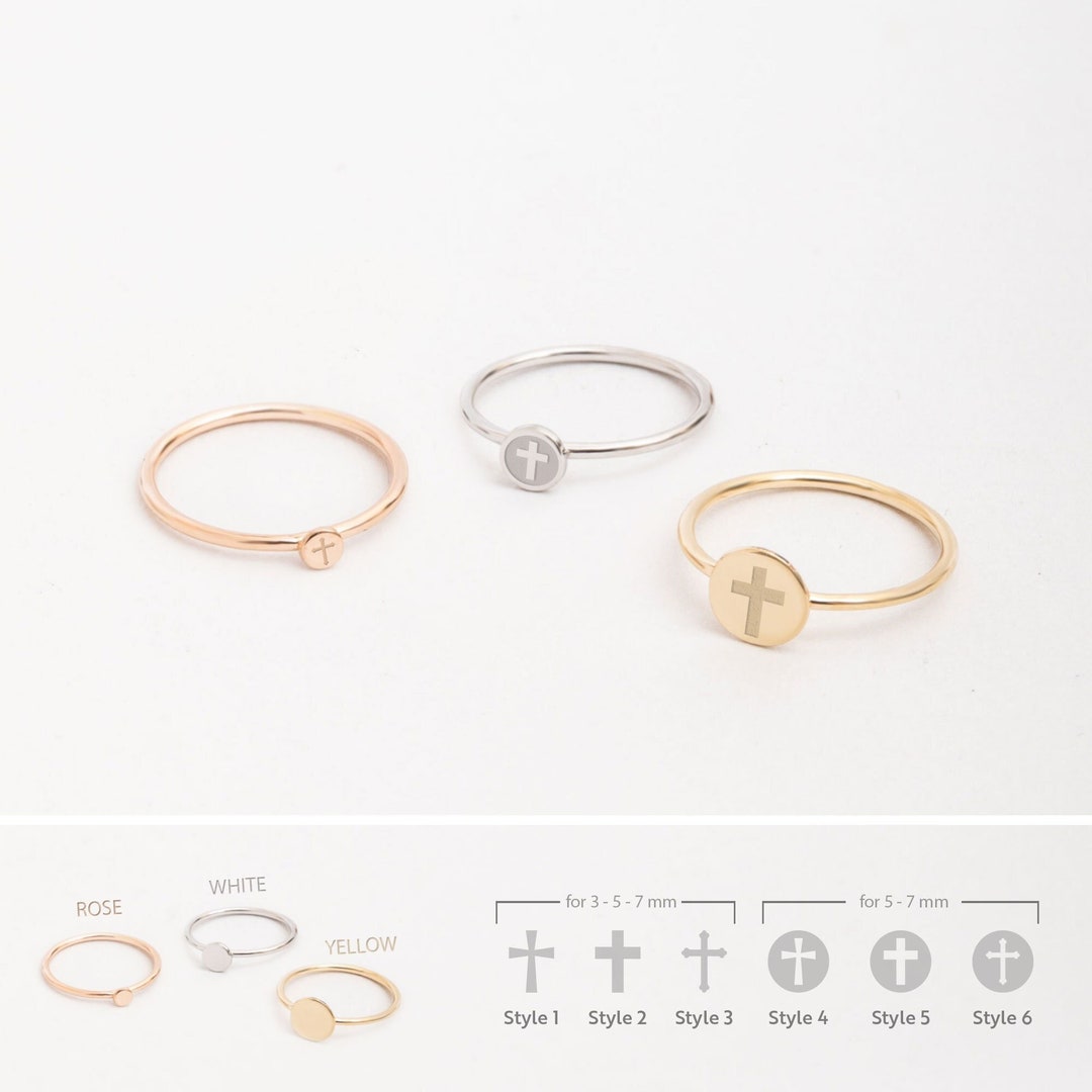 Personalized Tiny Cross Ring in 14k 18k Solid Gold, Dainty Stacking ...