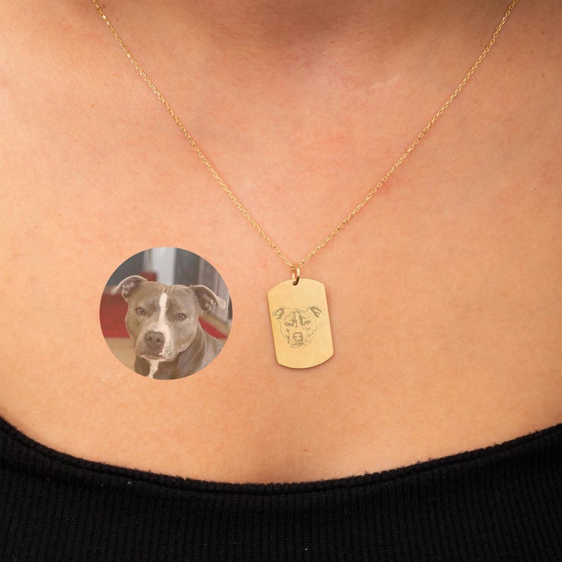 14k Gold Custom Dog Tag & Rectangle Pendant, Personalized Pet Photo ...