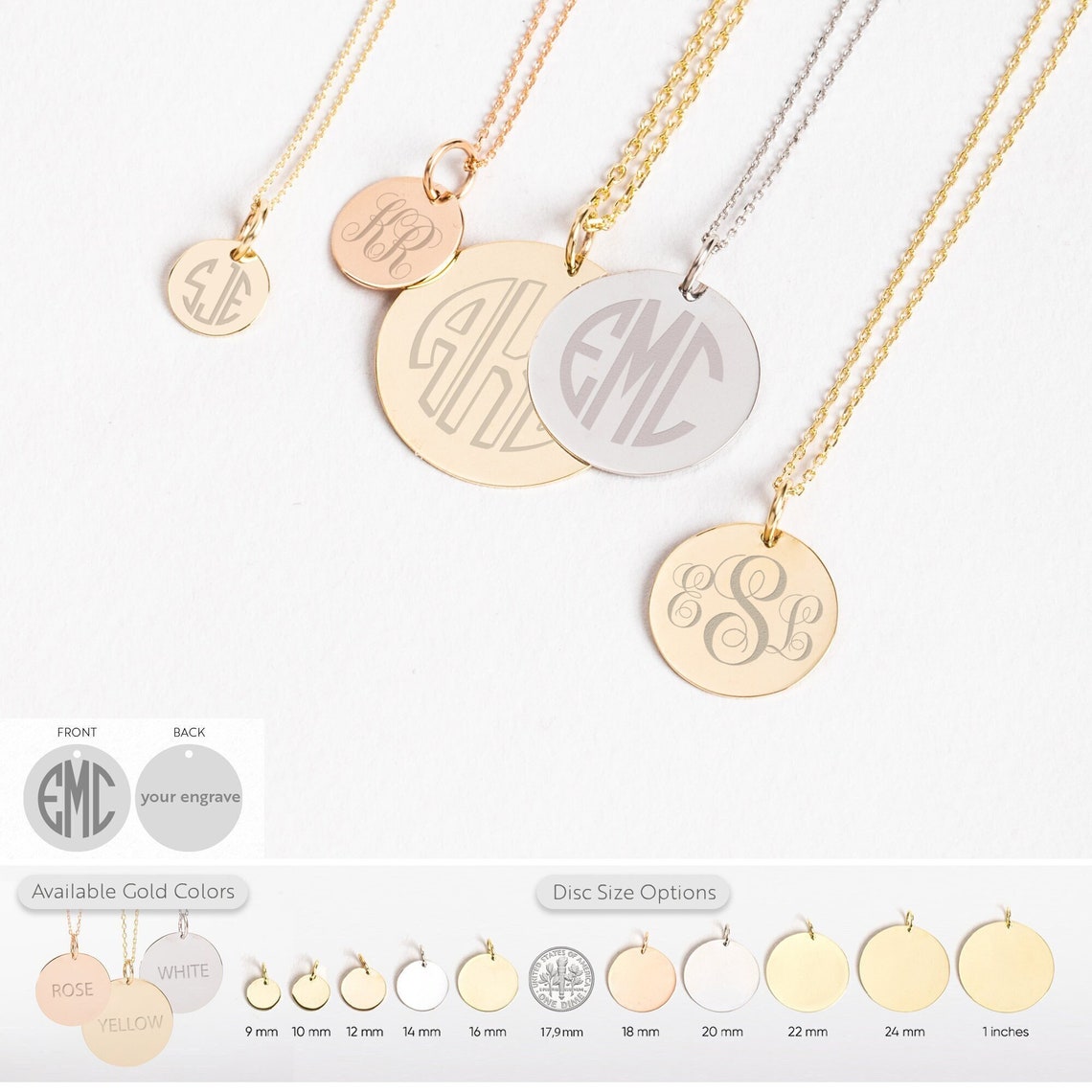 Monogram Dis Personalized Monogram Disc Necklace 14K Solid Gold, Custom Block ...