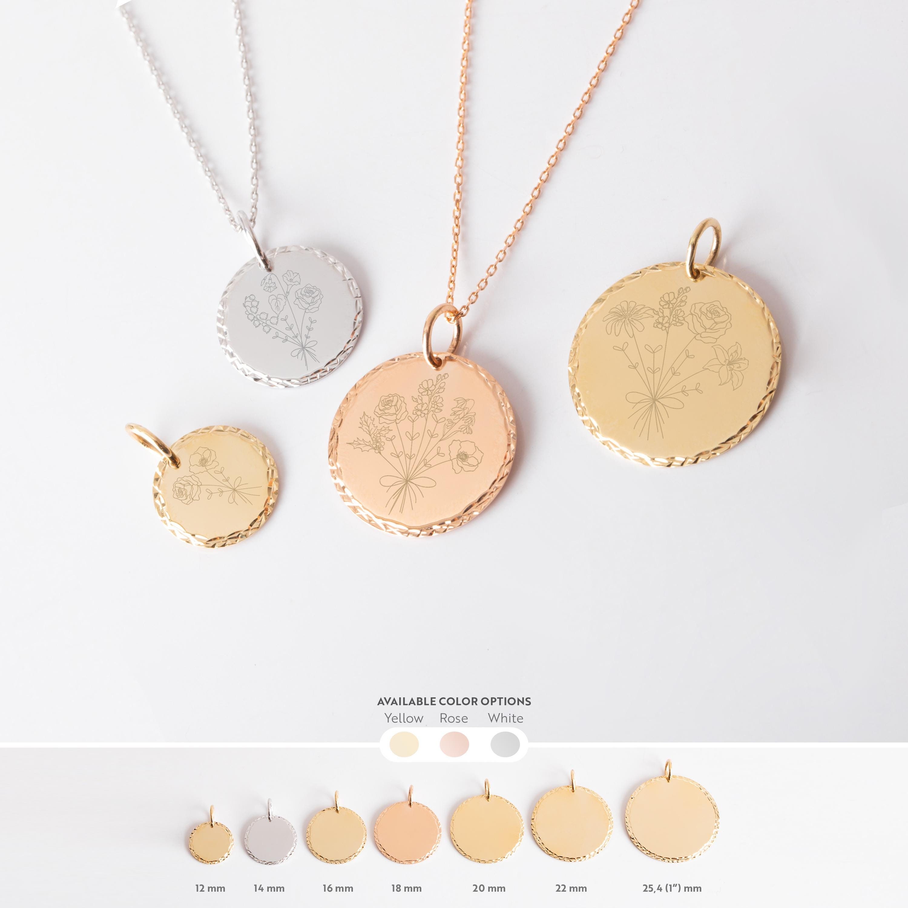 14K純金製ダイヤモンドカットボーダー付き誕生花ブーケネックレス。両面に誕生花ファミリーディスクが刻印されています。 - Etsy 日本