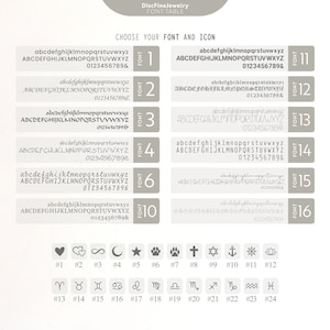 Op de afbeelding: Een tabel met 11 verschillende lettertypen en 24 pictogrammen voor gebruik in gepersonaliseerde sieraden. De lettertypen zijn genummerd 1, 2, 3, 4, 6 en 10. De pictogrammen zijn genummerd van 1 tot 24. De pictogrammen omvatten een hart, een oneindigheidssymbool, een halve maan, een ster, een pootprint, een kruis, de ster van David, een anker, een sneeuwvlok, een lotusbloem, een ram, een stier, Tweelingen, een krab, een leeuw, de Maagd, de Weegschaal, een schorpioen, Boogschutter, Steenbok, Waterman en Vissen.