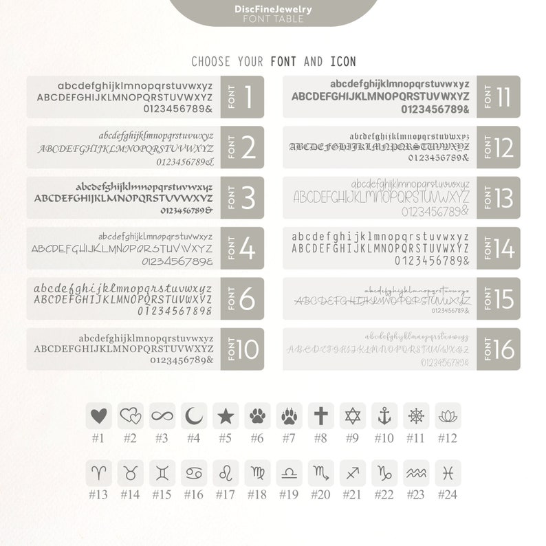 Op de afbeelding: Een tabel met 11 verschillende lettertypen en 24 pictogrammen voor gebruik in gepersonaliseerde sieraden. De lettertypen zijn genummerd 1, 2, 3, 4, 6 en 10. De pictogrammen zijn genummerd van 1 tot 24. De pictogrammen omvatten een hart, een oneindigheidssymbool, een halve maan, een ster, een pootprint, een kruis, de ster van David, een anker, een sneeuwvlok, een lotusbloem, een ram, een stier, Tweelingen, een krab, een leeuw, de Maagd, de Weegschaal, een schorpioen, Boogschutter, Steenbok, Waterman en Vissen.