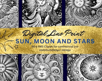 太陽、月、星のリノカット版画：天体PNGクリップアート（デジタルダウンロード）