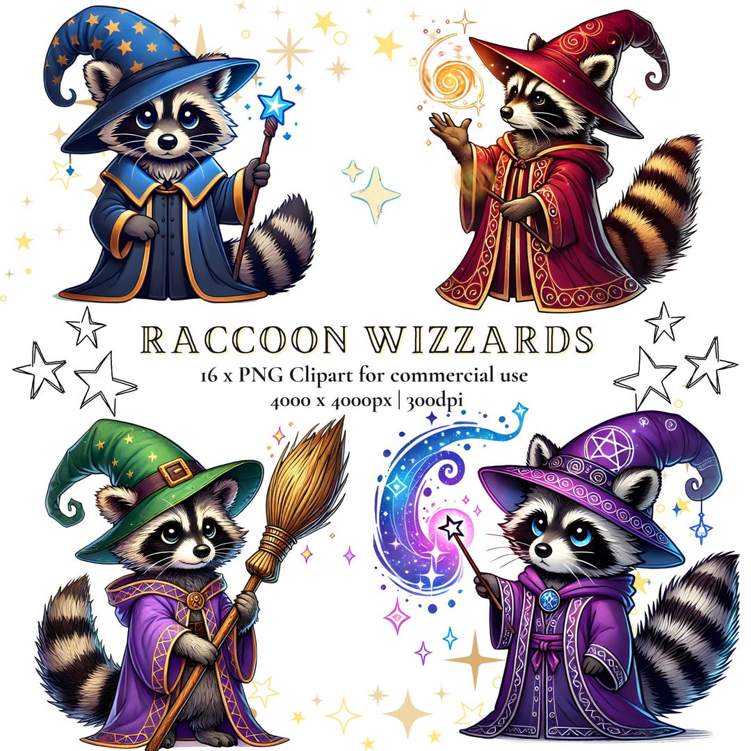 Wizard Raccoon Clipart Bundle | Cute Magical Cartoon Sorcerer | Digital ...