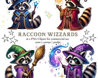 魔法使いアライグマのクリップアート バンドル | かわいい魔法の漫画の魔術師 | デジタル ダウンロード PNG グラフィックス | おとぎ話のゴミパンダ デザイン