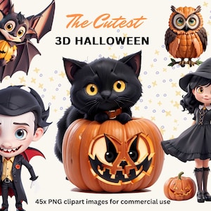 El paquete de imágenes prediseñadas de Halloween en 3D más lindo / Imágenes prediseñadas de adorables fiestas de Halloween para niños / Descarga digital de estilo animado en 3D / Gráficos de invitación