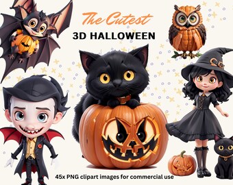 最高にかわいい 3D ハロウィーン クリップ アート バンドル | かわいい子供向けハロウィーン パーティー クリップ アート | 3D アニメーション スタイル デジタル ダウンロード | 招待状グラフィックス