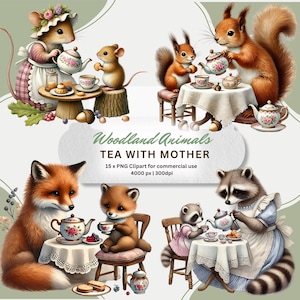 Chá com ilustrações de aquarela de mãe | Pacote de clipart PNG de animais da floresta de mamãe e bebê | Download digital para projetos criativos