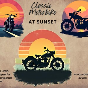 Classic Motorbikes at sunset PNGs | Vintage Motorcycle Clip Art Illustrations | Digital Downloads for Bike Lovers