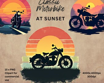 ビンテージバイクの夕日のクリップアート：クラシックバイクのPNG（デジタルダウンロード）