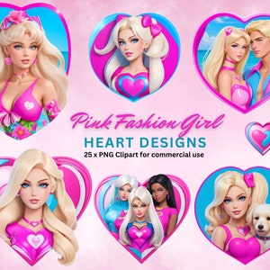 Puede incluir: Un conjunto de 25 imágenes de clipart digitales que presentan corazones rosas con varios diseños. Los corazones presentan personajes de dibujos animados con cabello rubio, vestidos con ropa rosa y azul. El texto "Pink Fashion Girl Heart Designs 25 x PNG Clipart for commercial use" se muestra en el centro de la imagen.