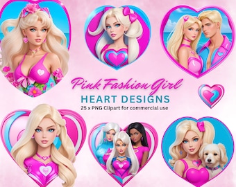 ピンクのファッションドールアイコンクリップアートハートデザイン、ヘッドロゴバンドルクリップアート、印刷可能なPNGバッジ、女の子ステッカー昇華デカールインスピレーション