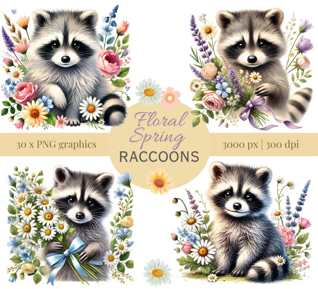 Watercolor Raccoon Clip Art: Spring Floral PNG Bundle (digital Download ...