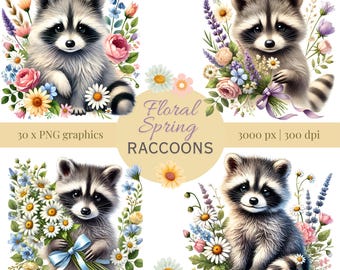 水彩アライグマのクリップアート：春の花のPNGバンドル（デジタルダウンロード）