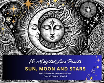 太陽、月、星のリノカット版画：天体PNGクリップアート（デジタルダウンロード）