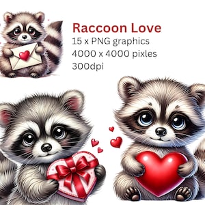 Raccoon Love Bundle Clip Art - Digital Download for offbeat printed cards or sublimation designs for Valentines&#39; Day