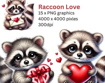アライグマの愛の束のクリップアート - バレンタインデーのための風変わりな印刷カードや昇華デザインのデジタルダウンロード