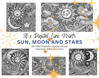 太陽、月、星のリノカット版画：天体PNGクリップアート（デジタルダウンロード）