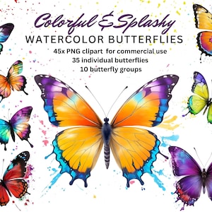 Watercolor Butterflies clipart bundle | Colorful and Splashy Butterflies clip art | Digital Butterfly PNGs | Commercial Use