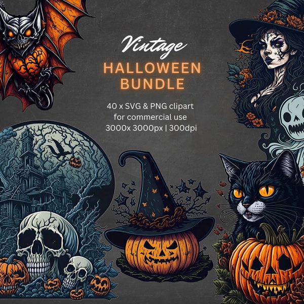 vintage 1950's Halloween Clipart Bundle, Retro « old school tattoo » chauves-souris, chats, sorcières et plus, 40 PNG, téléchargement immédiat, utilisation commerciale