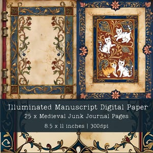 Carta digitale manoscritta illuminata / Sfondi di diari medievali / 25 carte per scrapbooking / Pagine stampabili Download immediato