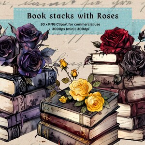 May include: Two stacks of vintage books with roses on top. One stack has purple roses, the other has red and black roses. The books are all different sizes and have worn leather covers.