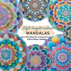 Beautiful Soft Bright Mandalas Clipart Bundle, 30 PNGs for digital download, kaleidoscope art for meditation or spiritual wall art
