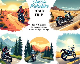 クラシックバイクのロードトリップ クリップアート バンドル - DIY、工芸、商業プロジェクト向けのノスタルジックなバイカー風景デジタル デザイン (15 PNG)