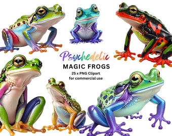 サイケデリックなカエルのクリップアート：25枚のサイケデリックなPNG画像（デジタルダウンロード）