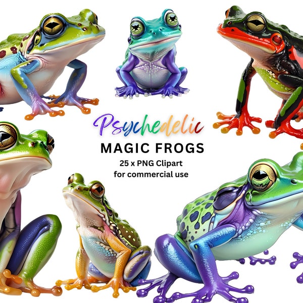 Psychedelic Trippy Frogs Clip Art, Magical Photorealistic Frogs Clipart, Colorful frog digital download, Frog art PNG bundle