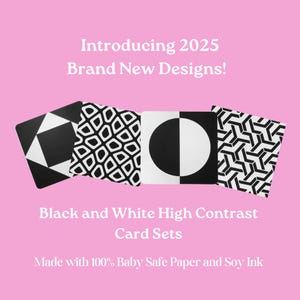 May include: Four black and white high contrast baby flash cards. The cards feature geometric patterns, including a square, circles, and diamonds.