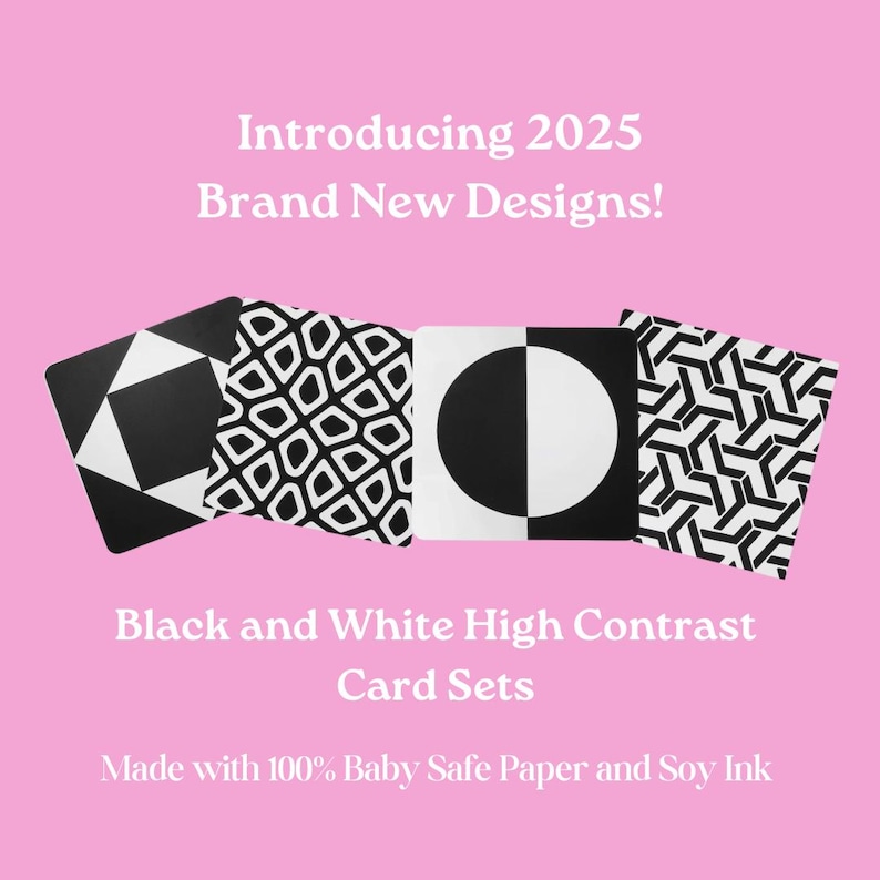 May include: Four black and white high contrast baby flash cards. The cards feature geometric patterns, including a square, circles, and diamonds.