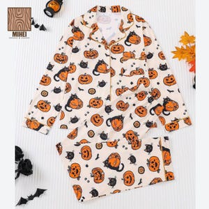 Halloween Pajama Set for Women, Pumpkin Black Cat Pajamas, Cute Fall Spooky Pjs, Ladies Sleepwear For All Seasons, Halloween Gift For Family