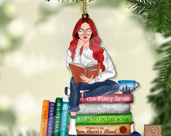 Custom Book Lover Reading Girl Ornament, Personalized Favorite Book Titles Christmas Ornament, Librarian Xmas Decor Book Girl Ornament Gift