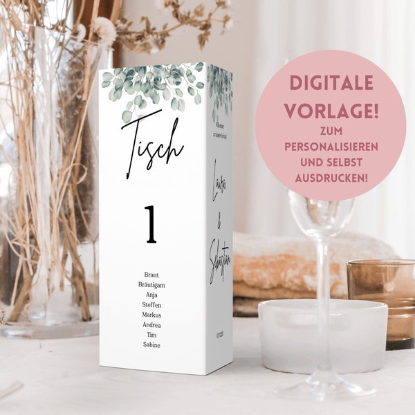 Tri-Fold Wedding Table Numbers and Menu Template - Editable, Template with Eucalyptus, INSTANT Download & Print Yourself