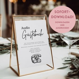 Könnte beinhalten: Ein goldfarbener Metallrahmen mit den Worten "Audio Gästebuch" in eleganter Schrift. Das Schild enthält Anweisungen und eine Vintage-Telefonillustration. Ein rosa Kreis mit Text liest "SOFORT-DOWNLOAD!" und "DOWNLOADEN UND AUSDRUCKEN!"