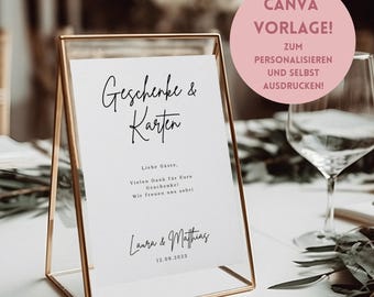 Bearbeitbare Canva-Vorlage für ein Geschenketisch Schild - Hochzeitsschilder zum selber drucken- Minimalistische Hochzeit