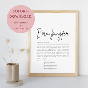 Puede incluir: Una descarga digital imprimible con fondo blanco y marco negro. El texto "Brautjungfer" está en una fuente decorativa con un corazón rosa encima. El texto "Substantiv, weiblich" está debajo de la palabra "Brautjungfer". El texto describe el papel de una dama de honor en una boda.