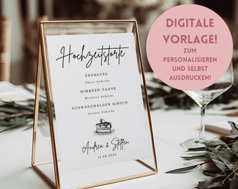 Puede incluir: Un menú de boda con marco dorado con el texto "Hochzeitstarte" en la parte superior. El menú enumera los sabores de pastel: fresa, crema de frambuesa y selva negra. Un círculo rosa a la derecha dice "¡Plantilla digital!" para personalizar e imprimir.