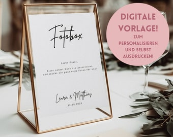 Bearbeitbare Vorlage für ein Fotobox Schild - Hochzeitsschilder zum selber drucken- Minimalistische Hochzeit