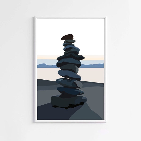 Balancing Stones Wall Art, Rocks Sculpture Art, Minimalist Contrast Digital Download, Sunset Printable, Scandinavian Art Print