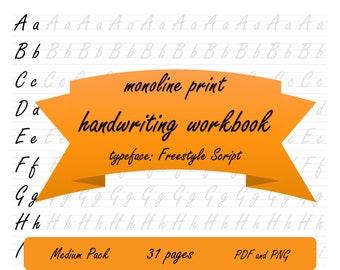 monoline handwriting worksheets, monoline print lettering, procreate handwriting practice workbook